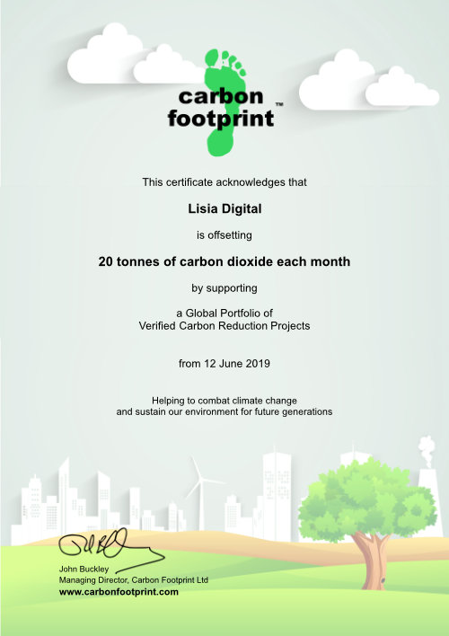 CO₂ Offset Certificate - 20 tonnes each month